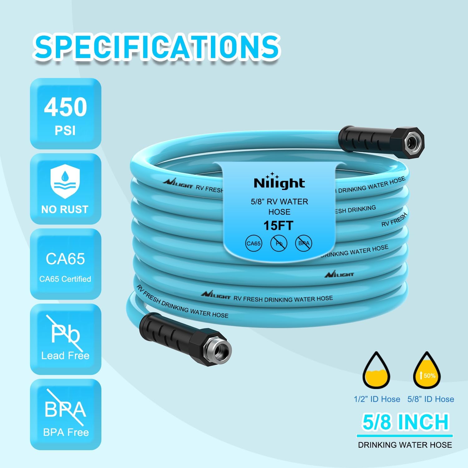 Nilight RV Water Hose 15FT Garden Drinking Hoses with Storage Bag Leakproof Anti-Kink 5/8" Inner Diameter Flexible Lightweight Freshwater Hose for RVs Campers Travel Trailer Boat Car Wash Accessories