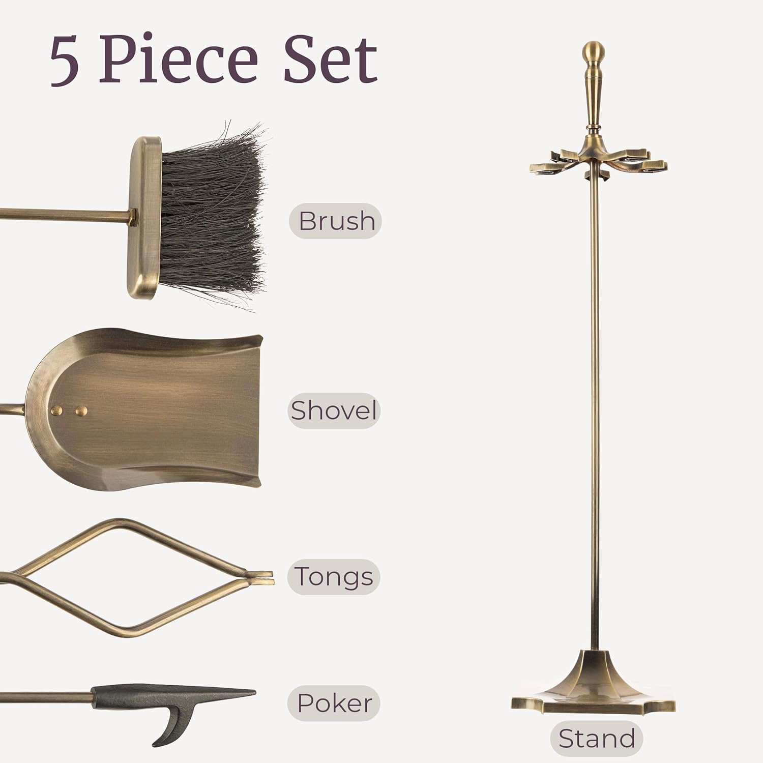 Lavish Home 5 Piece Fireplace Tools Set Indoor Outdoor - Fireplace Accessories Set with Poker,Tongs, Brush, Shovel, and Stand - Fire Tools for Fire Places, Firepits, and Woodstoves (Antique Brass)