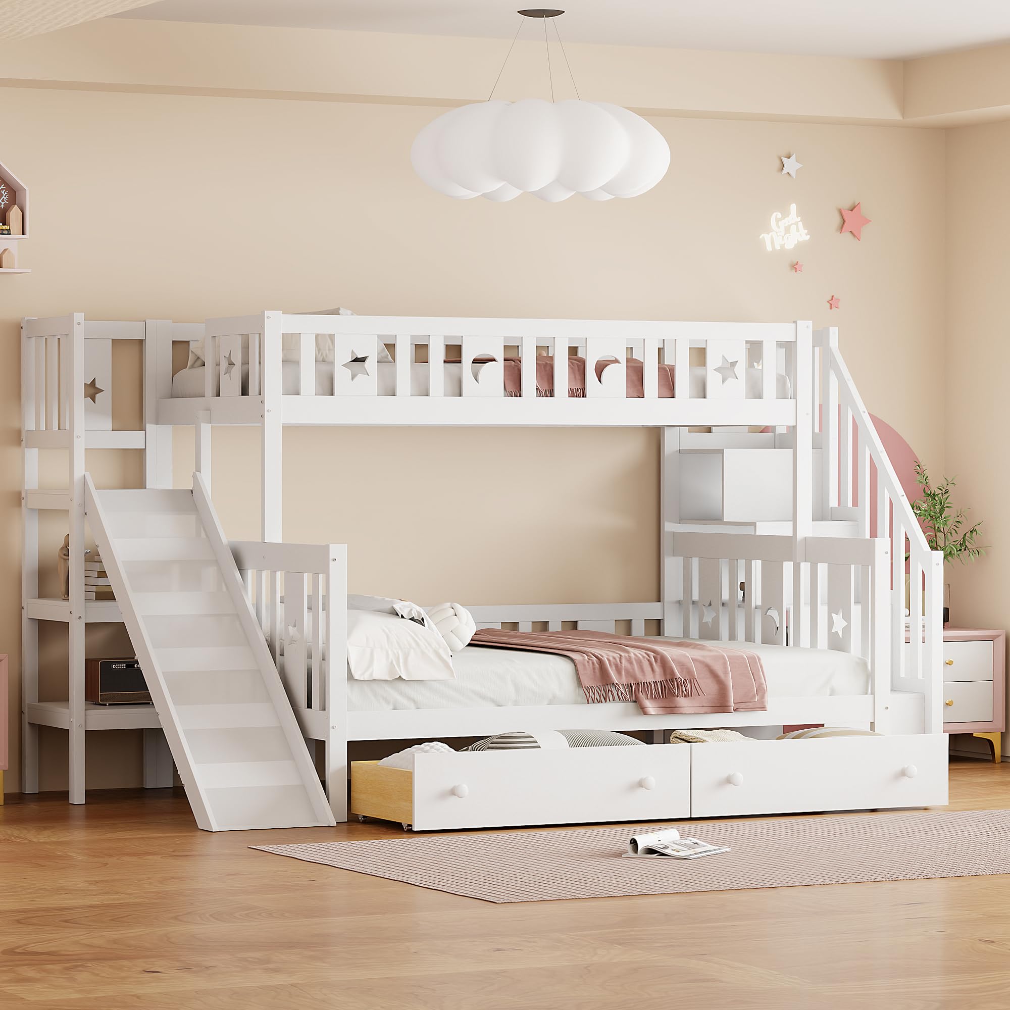 Massivholz-Etagenbett Kinderbett 90x200 & 140x200 für 2-3 Kinder, Multifunktionsbett mit Rutsche & Regalen, Hochbett mit Stauraum Treppe & 2 Schubladen, Stockbett Kinderhochbett Jugendhochbett, Weiß