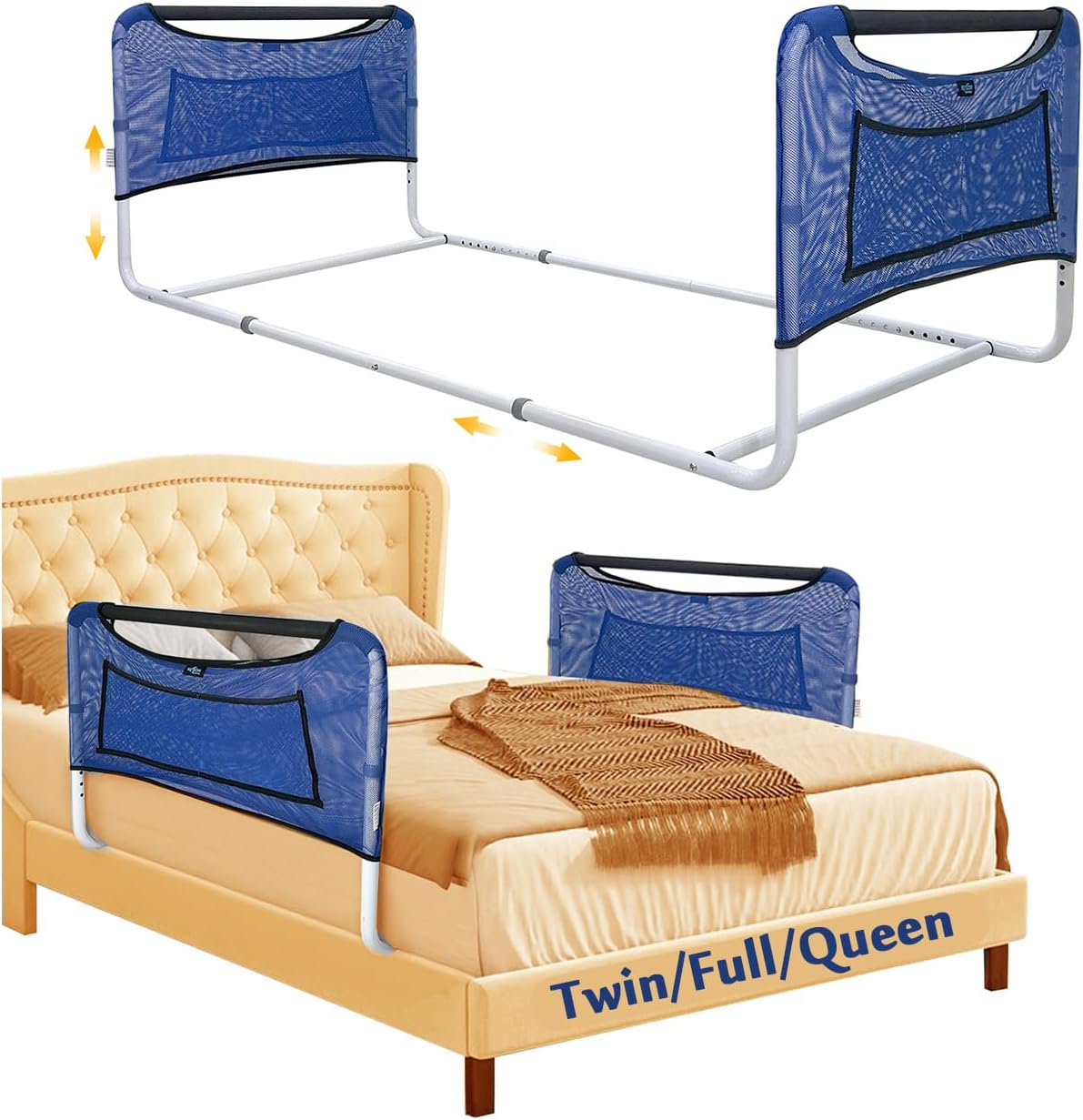 Mybow Bed Railings for Seniors, Adjustable Bed Assist Rails, Medical Safety Handrails for Elderly Adults, Under Mattress Bedrail for Queen, Full & Twin - Dual Bedside Hand Rail 62"L × 30"W × 24"H