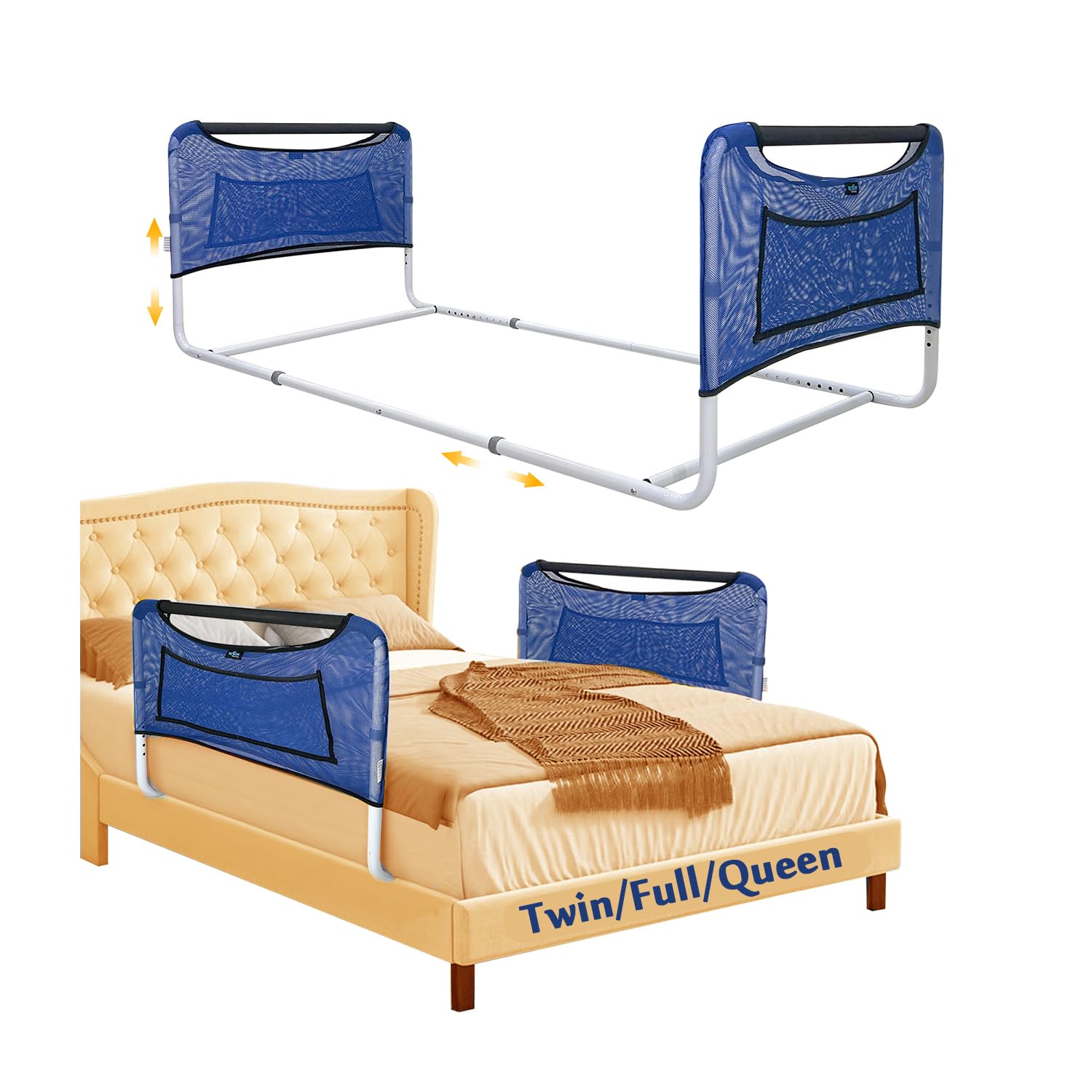 Mybow Bed Railings for Seniors, Adjustable Bed Assist Rails, Medical Safety Handrails for Elderly Adults, Under Mattress Bedrail for Queen, Full & Twin - Dual Bedside Hand Rail