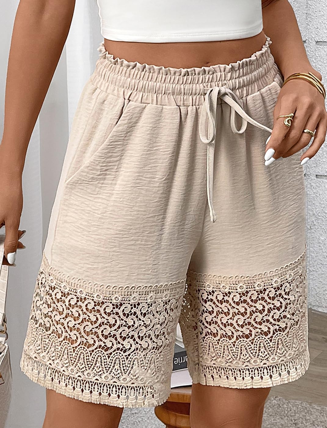 CORSKI Women's Casual Elastic Waist Lounge Shorts Lace Trim Drawstring Summer Beach Shorts with Pockets - Image 5