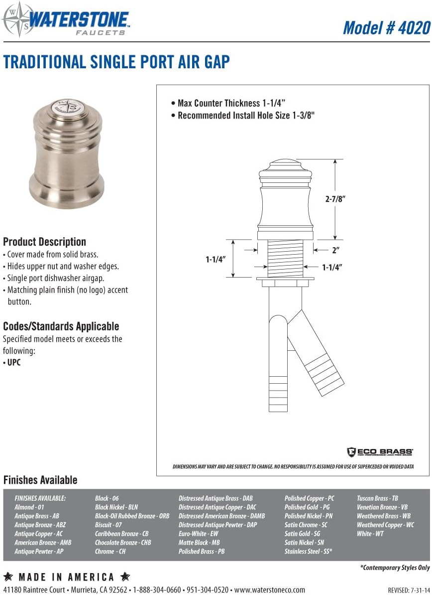 Waterstone 4020-BLN Traditional Single Port Air Gap Black Nickel