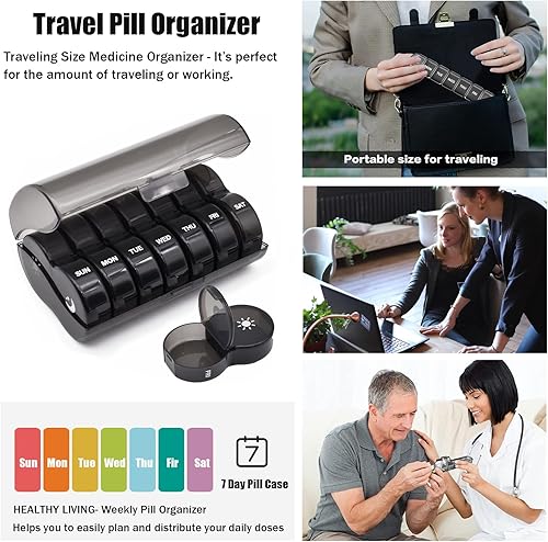 Miniatura 7 de Organizador semanal de píldoras, pastillero grande de 7 días, caja de medicina diaria de vitaminas, recipientes de píldoras AMPM para suplementos de