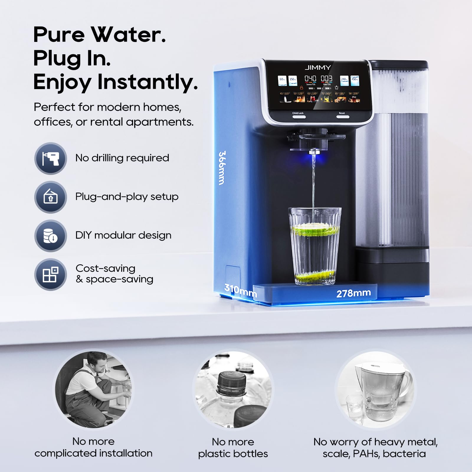 JIMMY M9 Pro Umkehrosmose Wasserfilter 7-stufige Filterung Mineralien 3S-Heizung Kaltes Wasser Echtzeit-TDS-Anzeige