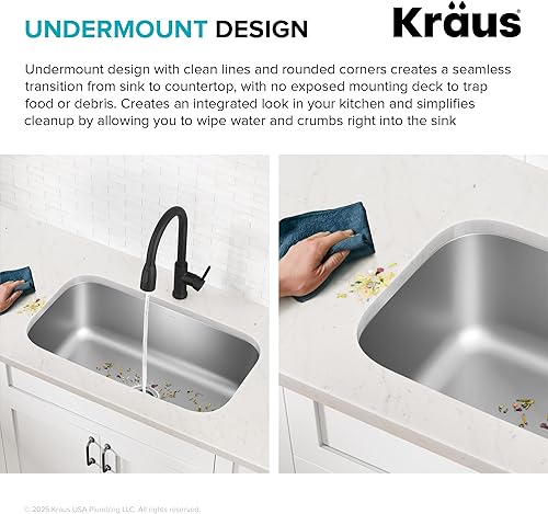 Vista 70 de Kraus, KBU24, fregadero de cocina con doble cavidad 60/40, de acero inoxidable, bajo cubierta de 32 pulgadas, de calibre 16, KBU24