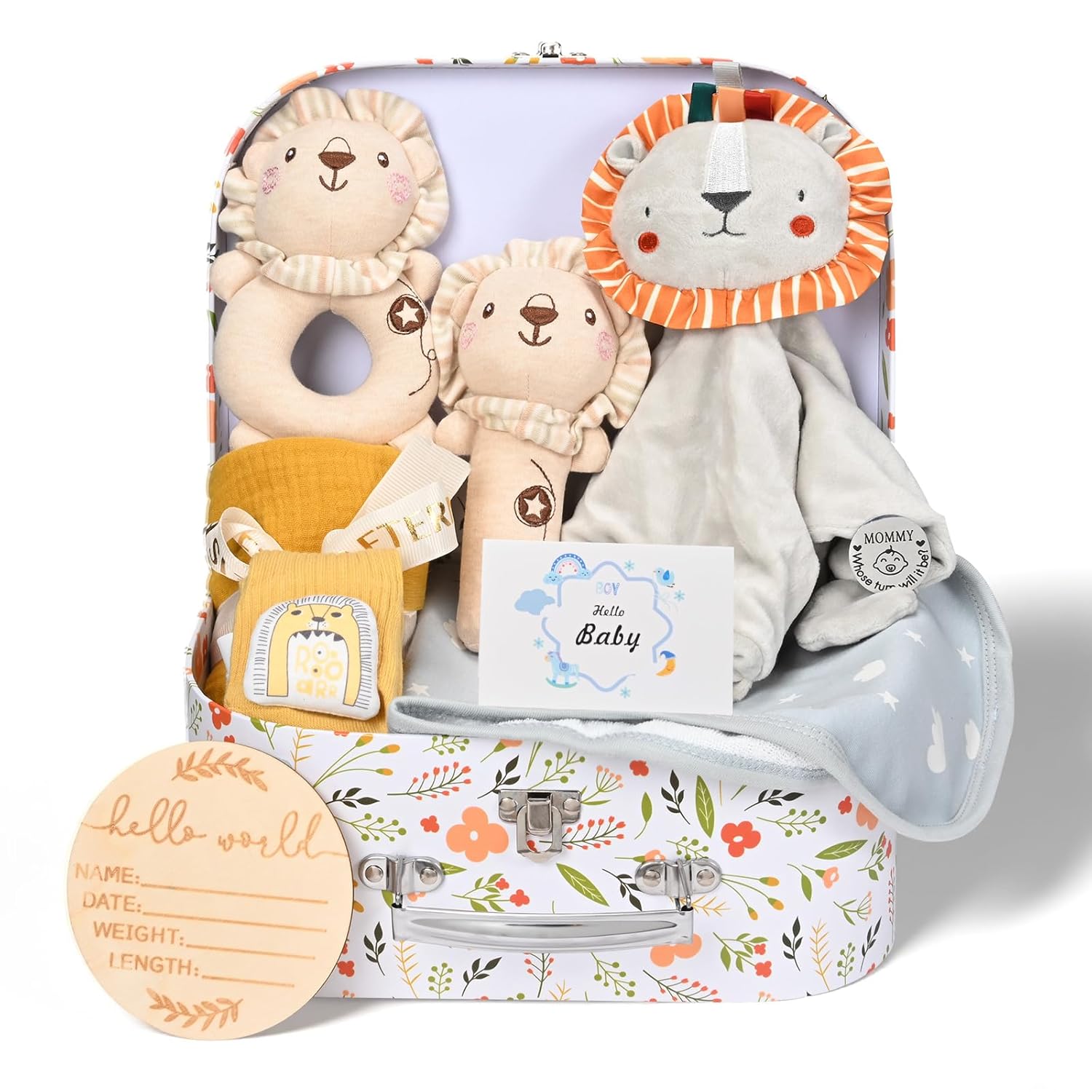Baby Gift Boys 10-in-1 Newborn Gift for Birth Boy Girl with Baby Blanket 2 Lion Rattles Baby Burp Cloth Baby Socks Baby Milestones Greeting Card Nappy Cake Gift Box Baby Shower Party