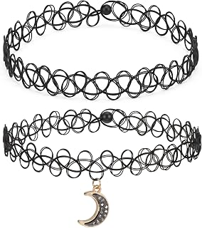 Sibba 2 Pcs Black Tattoo Choker Necklace 90s Moon Black Tattoo Choker with Moon Pendant Vintage Trendy Y2K Fashion Jewelry Stretch Retro Grunge Y2K Alternative Gothic Emo Accessories
