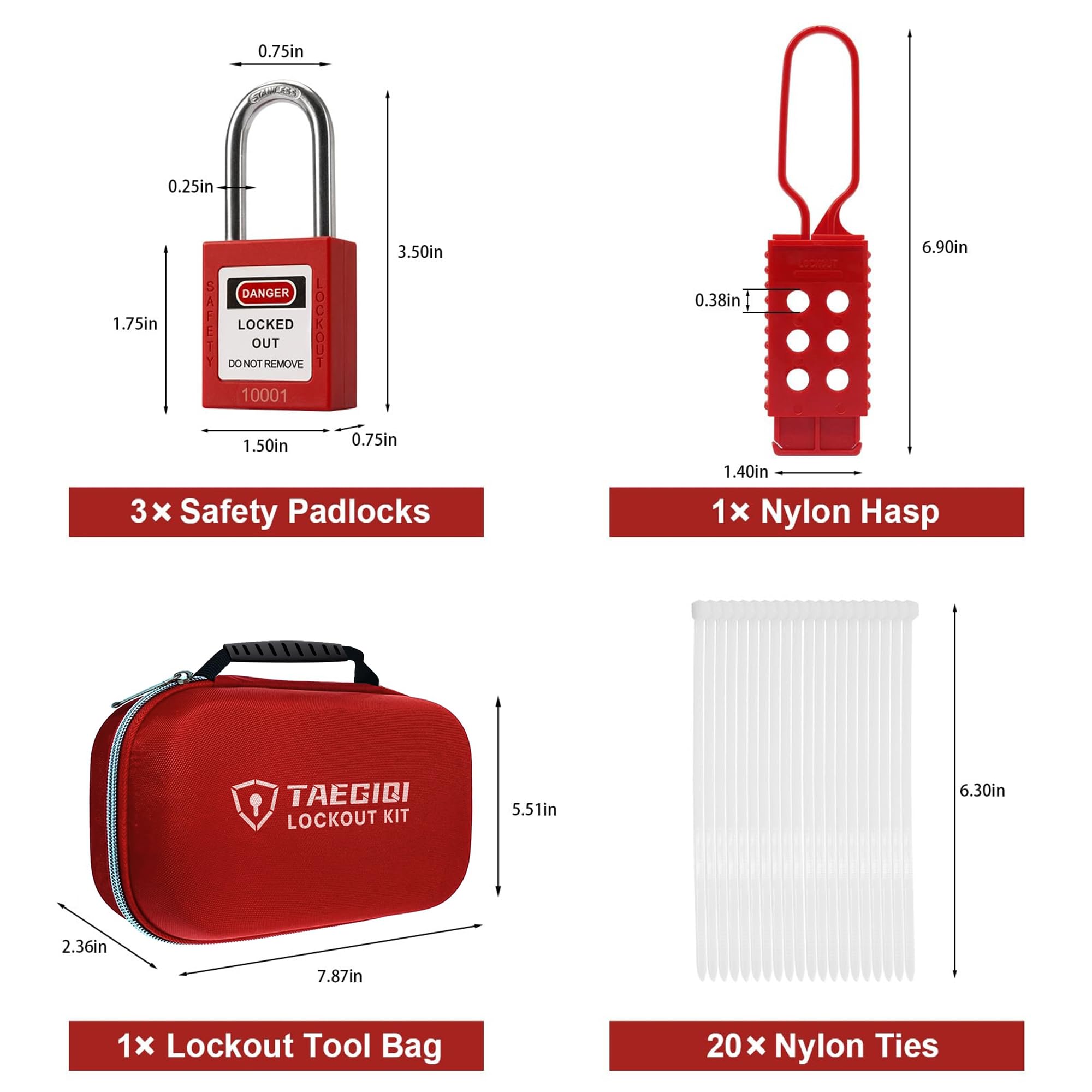 Kit de etiquetado de bloqueo -Cerraduras de loto de acero y nailon, etiqueta de bloqueo de etiqueta, lazo de nailon, bolsa de almacenamiento de nylon, almohadilla de seguridad roja, cerraduras
