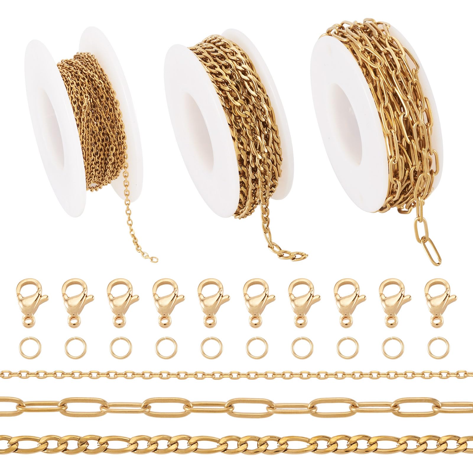 3 rotoli di catena in acciaio inox placcato oro 18 K per la creazione di gioielli, catena in metallo con chiusura a moschettone per la creazione di bracciali, collane e gioielli
