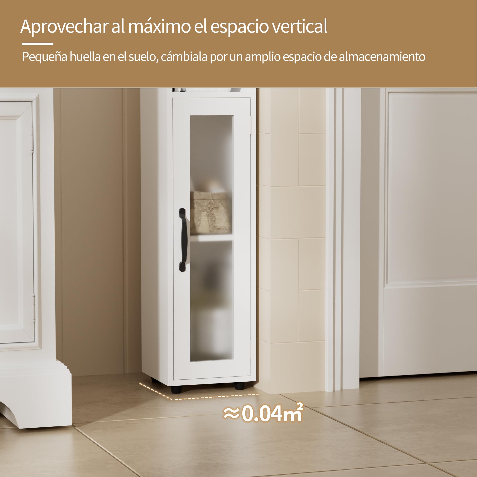 BonVache Mueble Baño Columna, Armario de baño con Estantes Ajustables, Estanterías con 2 Puertas de Vidrio y 1 cajón, Portarrollos Baño, Blanco, 20x20x180 cm