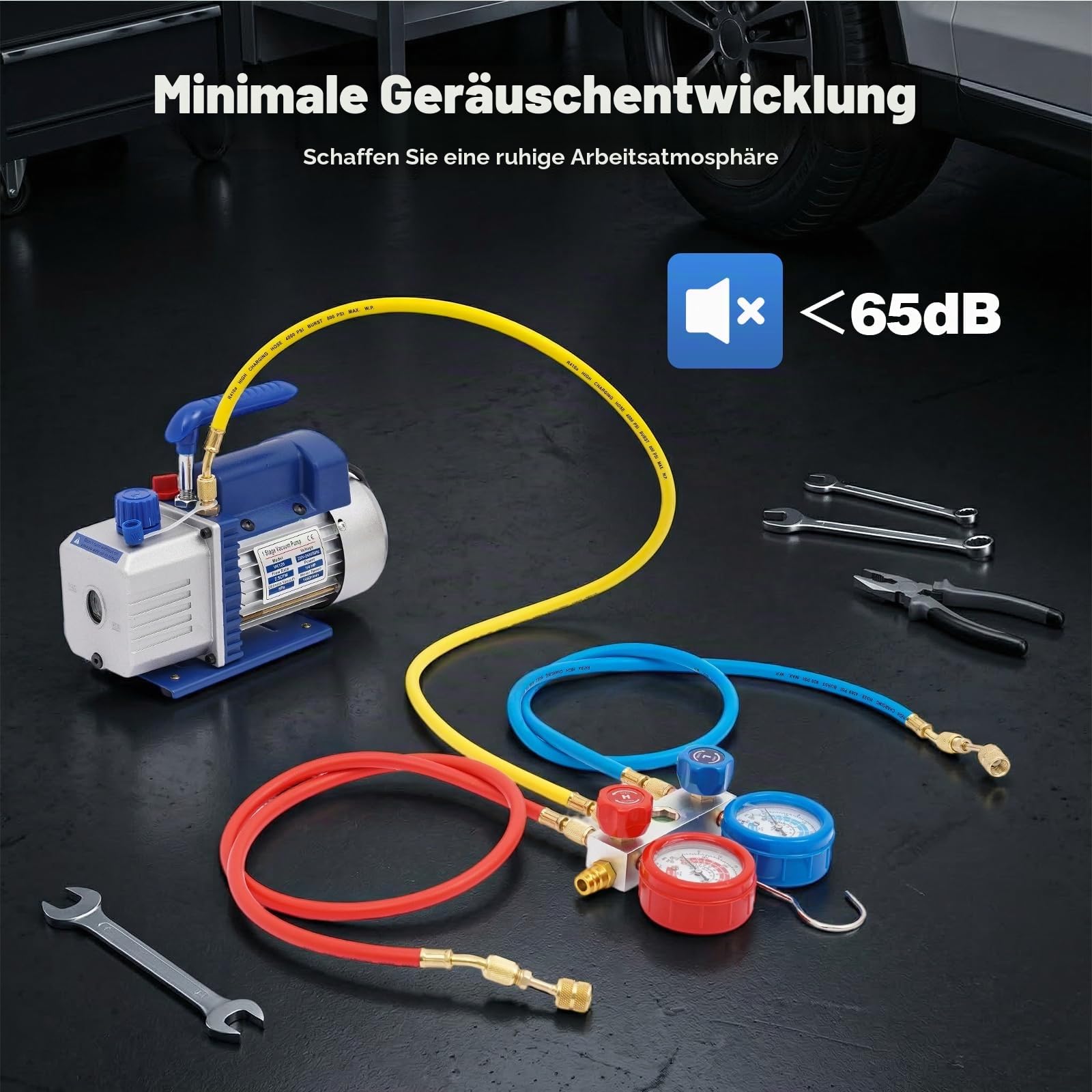 Vakuumpumpe Klimaanlage 180W, Profi Vakuumpumpe Set mit 3 Schläuchen & Manometer, 150 Mikron für R32/R134a/R410a, 1/4" Anschluss, Ideal als Unterdruckpumpe für Kfz und Klimaservice