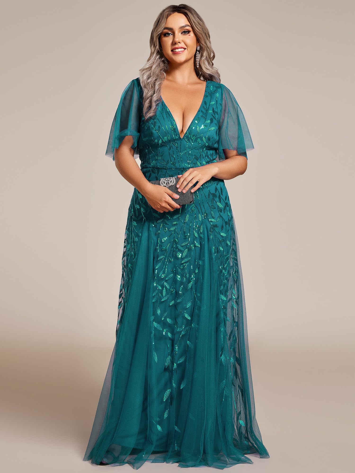 Ever-Pretty Abito da sera da donna con scollo a V e paillettes taglie forti, Verde acqua, 50