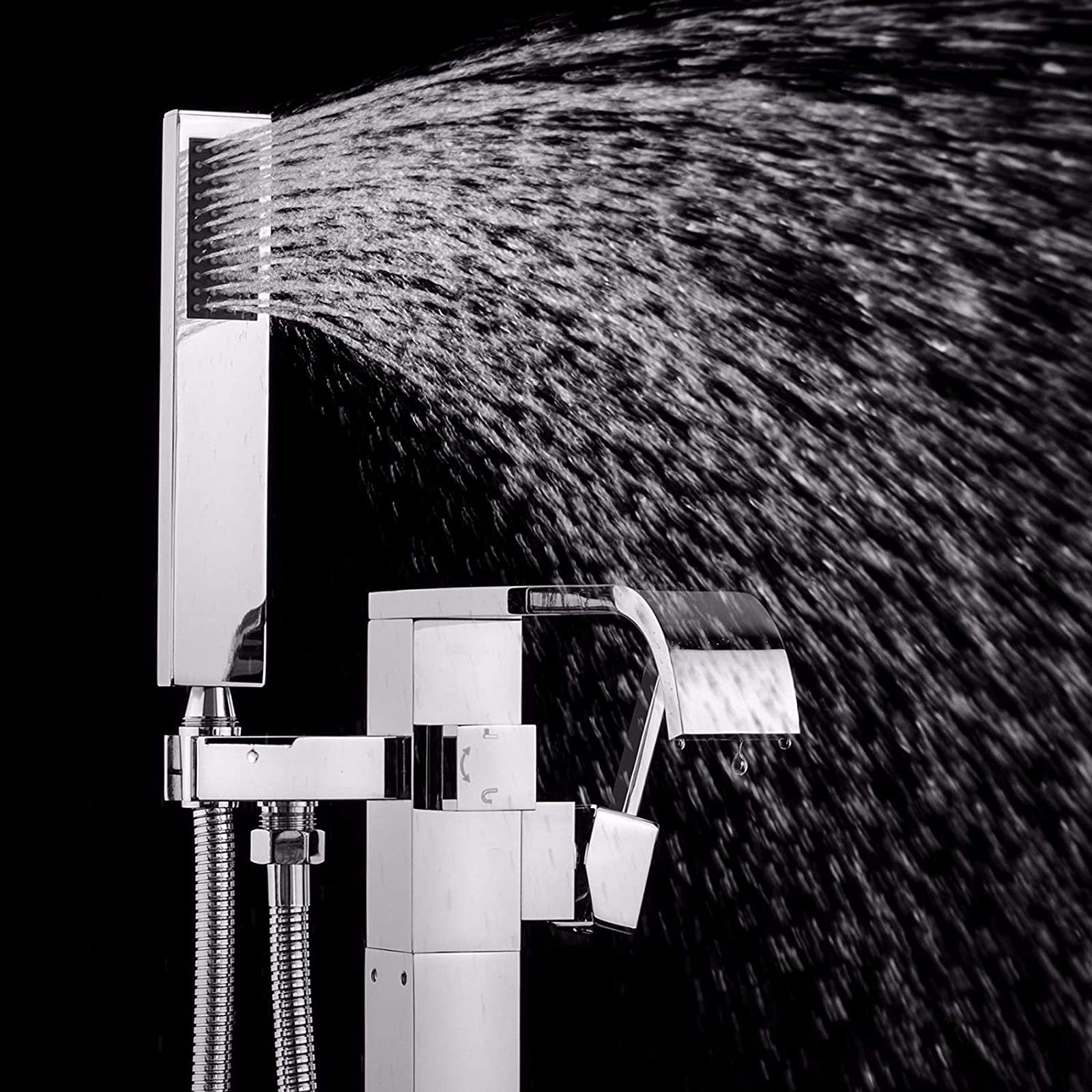 Grifo para bañera Llenador de bañera en Cascada Grifo de baño Independiente Grifo Monomando para bañera de latón Grifo para bañera de Montaje en Piso con Ducha de Mano Grifo de llenado para bañera,