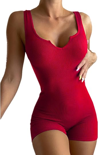 Spring and summer womens solid color casual knit V-neck undershirt slim jumpsuit