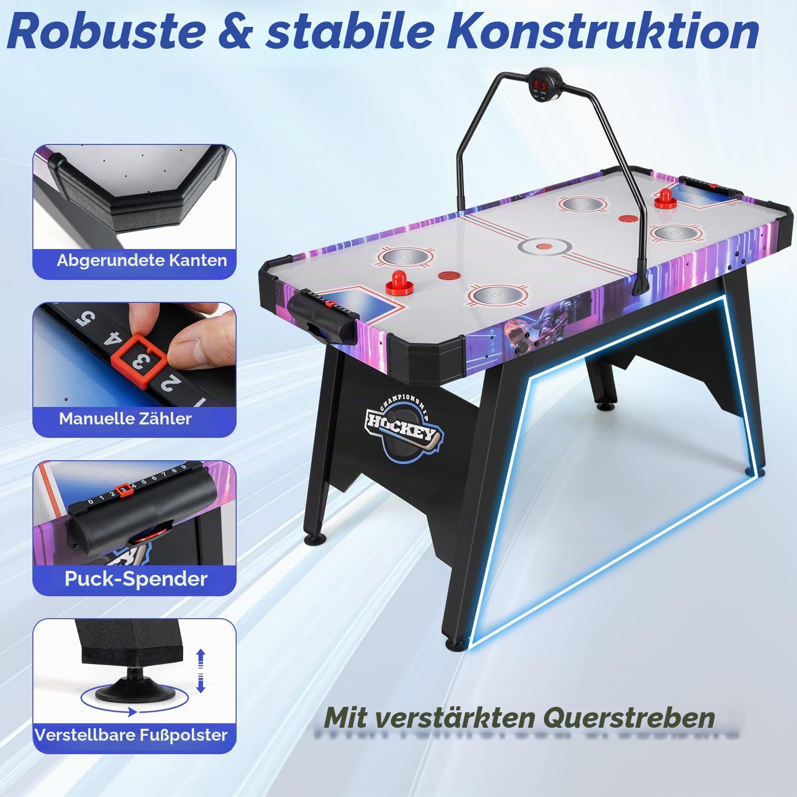 HOMASIS Airhockey Tisch, Air Hockey Spieltisch mit 12V-Motor & LED-Punktezähler, elektronischer Tischhockey inkl. 2 Pucks & 2 Schiebern, Airhockeytisch Lufthockey Speedhockey für Kinder & Erwachsene