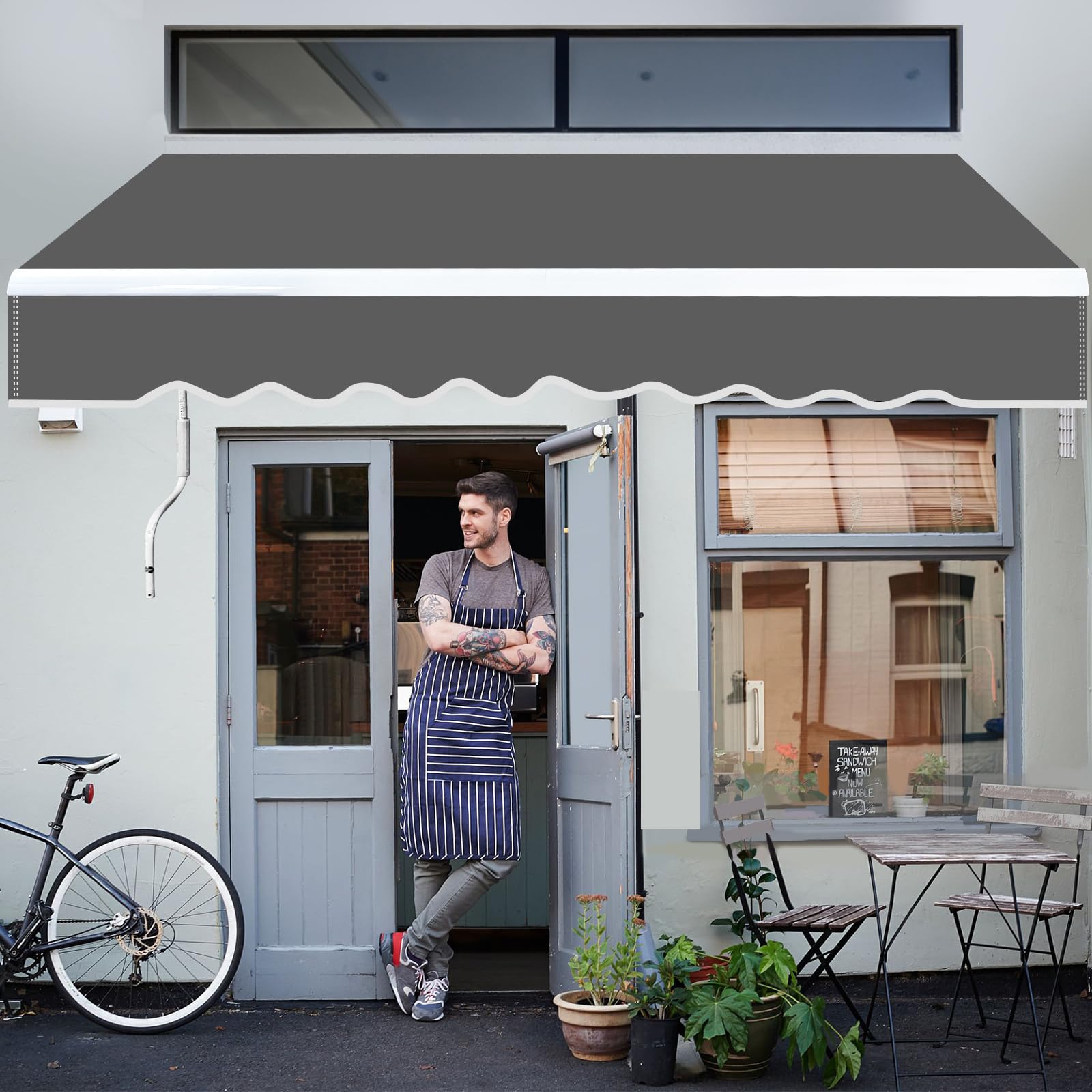 Toldo con brazo articulado, 350 x 300 cm, toldo manual con manivela, ajuste de ángulo de hasta 30 grados, protección solar, protección contra el agua, incluye soporte de pared, color gris