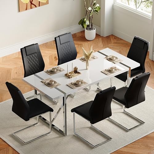 Vista 20 de Juego de mesa de comedor gopop para 6, juego de mesa y sillas de cocina de 6, mesa de 140 cm x 85 cm con acabado de laca blanca brillante y marco