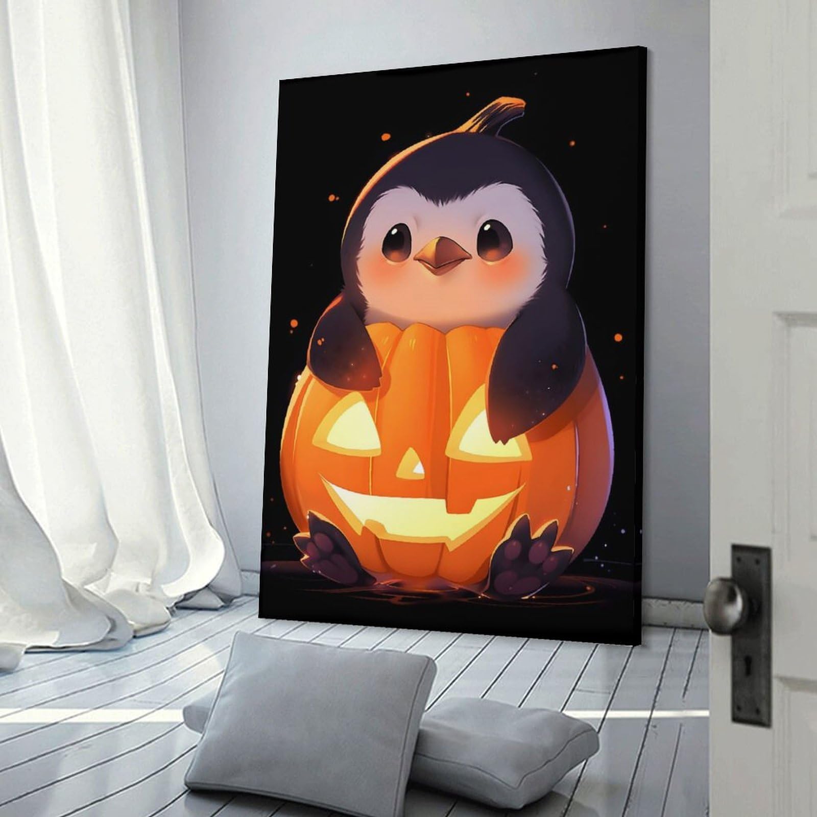 Junmoney Canvas Wall Decor Penguin in Pumpkin, 16x24inch(40x60cm), for Living Room, Bedroom, Office Or Hallway, Decorative Artwork with Broad Appeal