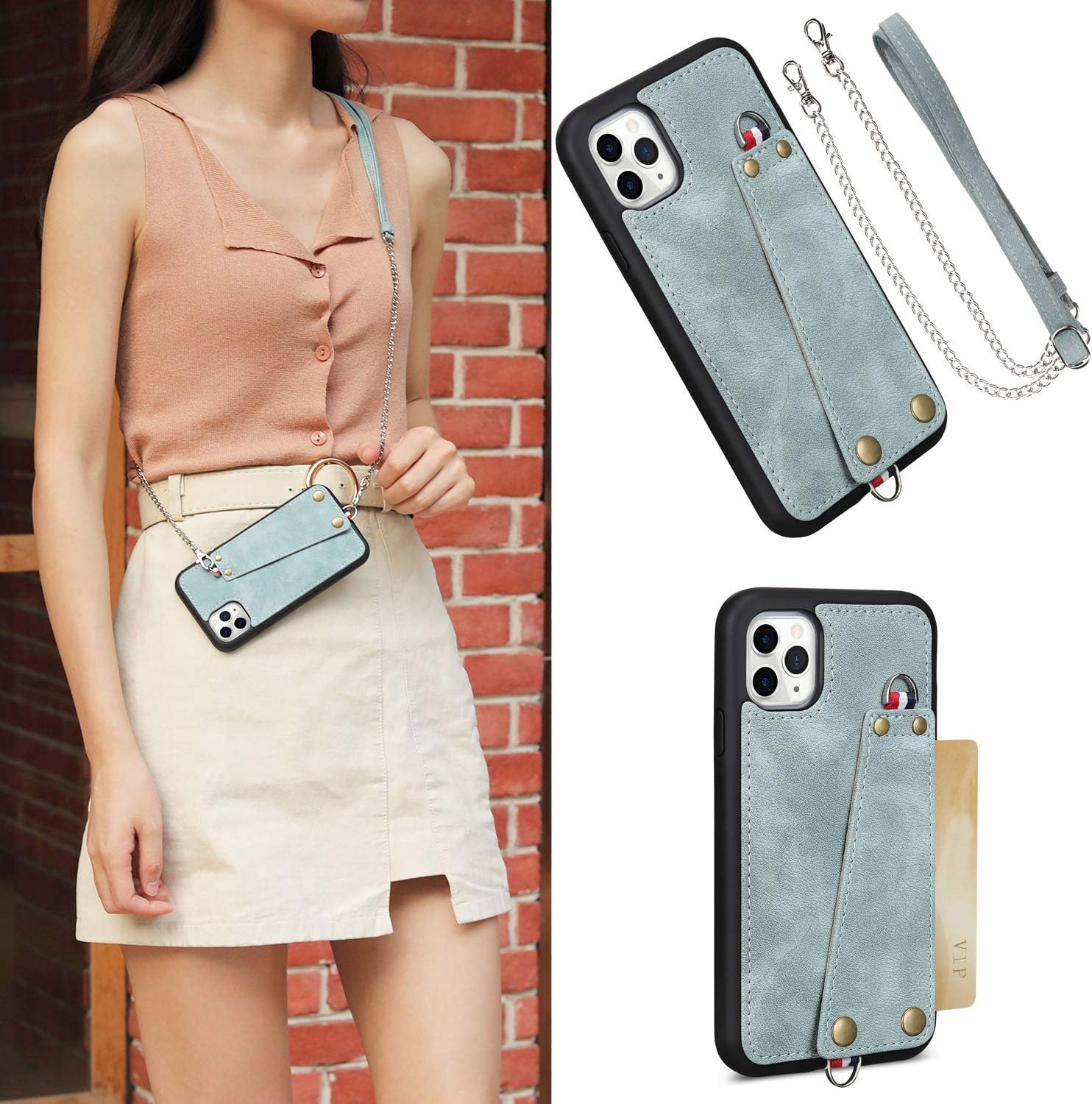 MIAODAM Kickstand Shockproof Crossbody Case for iPhone 11 Pro and iPhone 11 Pro Wallet Leather Case with Card Slot Holder Adjustable Chain Strap for iPhone 11 Pro 5.8 inch Green