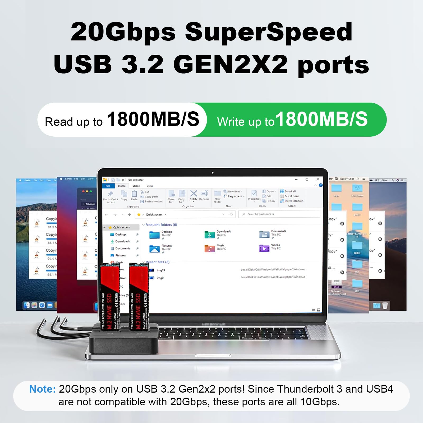 Stazione di docking per dischi rigidi a doppio vano con alloggiamento SSD NVMe M.2 20Gbps USB 3.2 Gen 2x2 con clonazione offline, docking station adattatore SSD NVMe M.2 senza utensili per SSD M Key/B