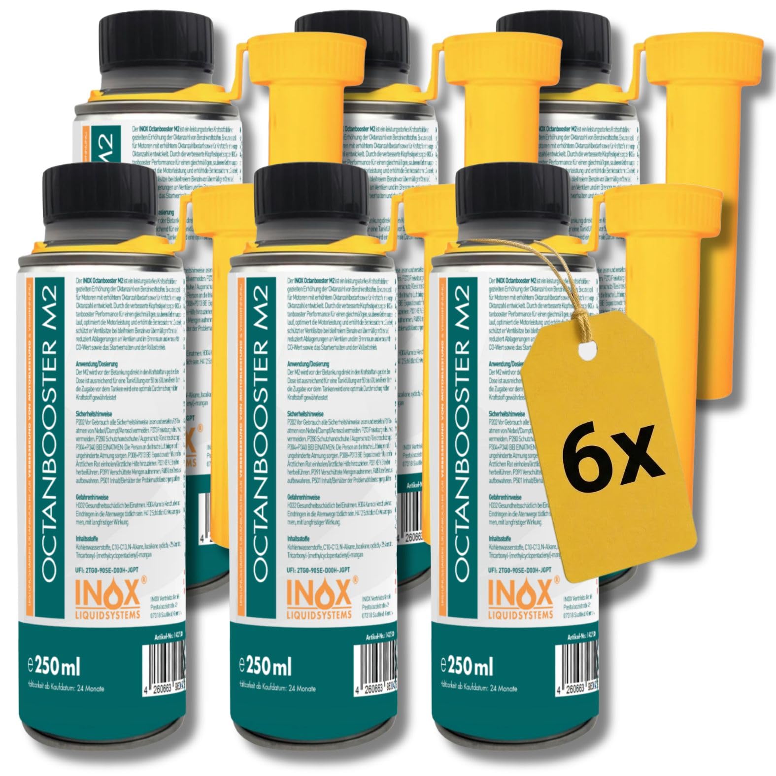 INOX® - Hochwirksamer Oktan Booster 6x250ml | Systemreiniger reduziert den Kraftstoffverbrauch | Benzin Additiv für bessere Verbrennung | Motorsystemreiniger für alle Benzinmotoren