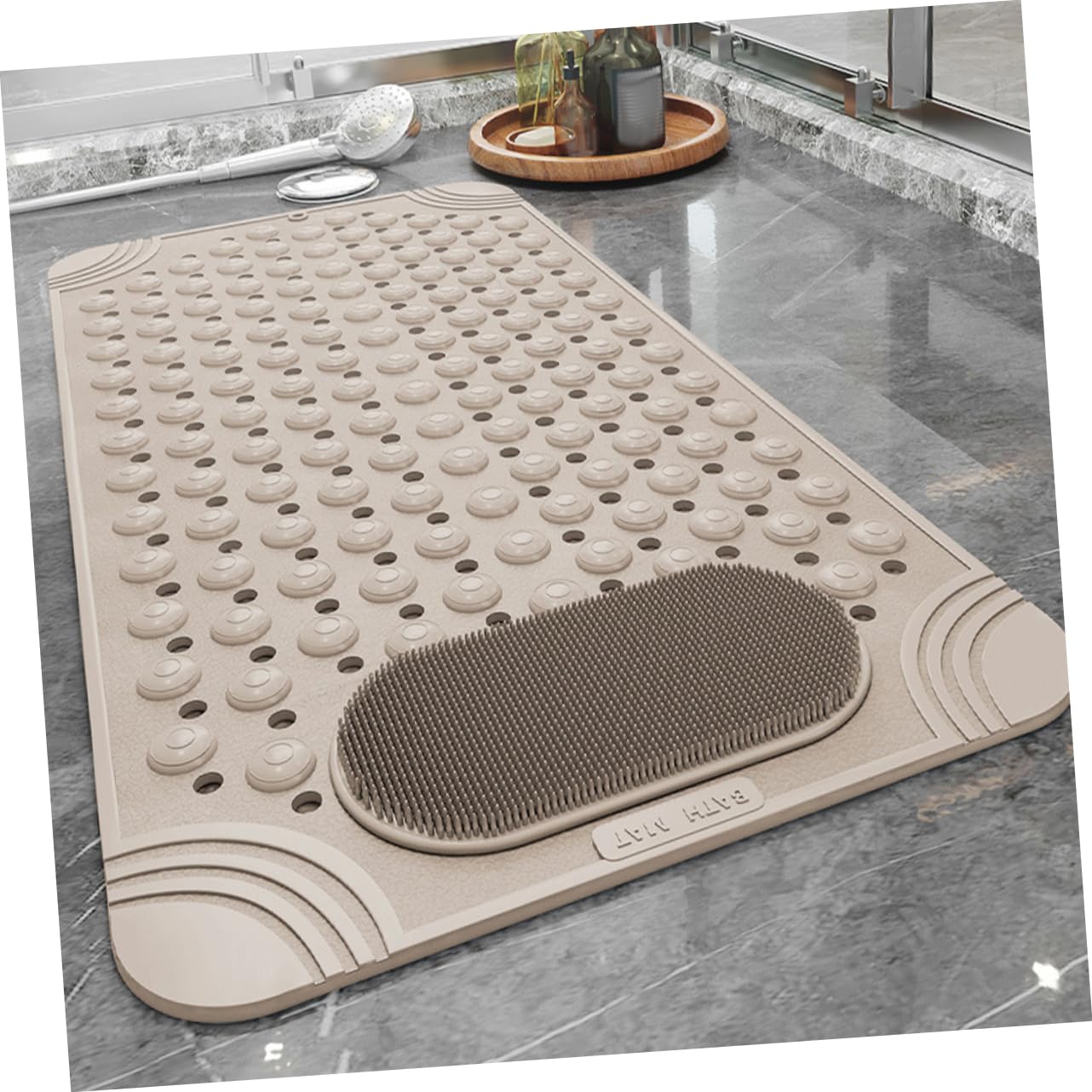 Mobestech Alfombrilla para Ducha Antideslizante de PVC Beige con Ventosas y Orificios de Drenaje, Almohadilla de Masaje para Pies Resistente y Exfoliante para Baño