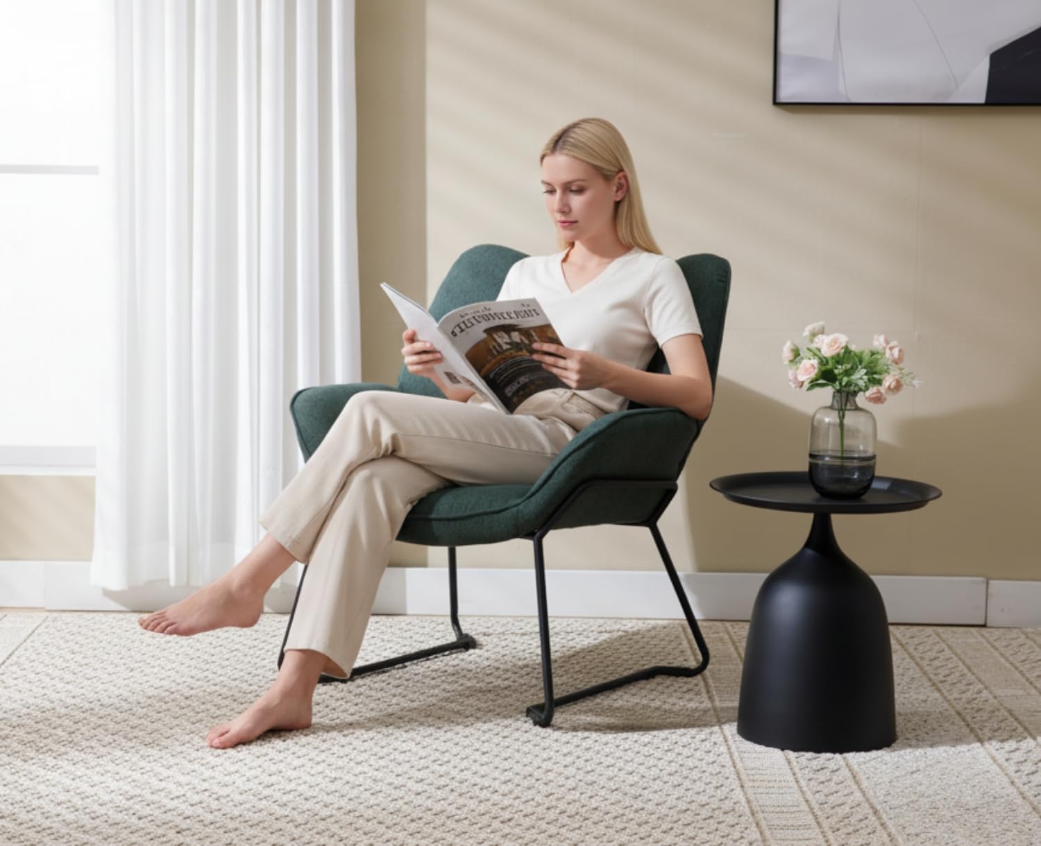 Ya-Home Poltrona Imbottita Sedia da Salotto Moderno con Gambe in Metallo Poltroncine Salotti in Tessuto di Lino Poltroncina con Braccioli per Camera da Letto/Soggiorno, Verde