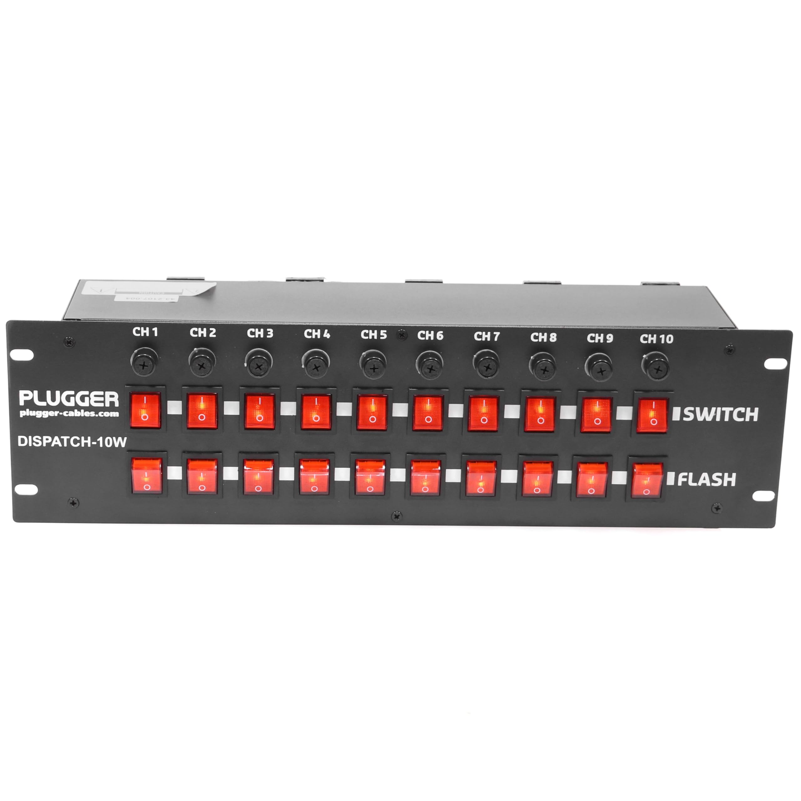Boitier répartiteur 10 canaux Dispatch-10W Plugger. 10 Sorties 220V, avec 10 interrupteurs indépendants, 10 Boutons Flash, Protection par fusible. Format Rack 19".