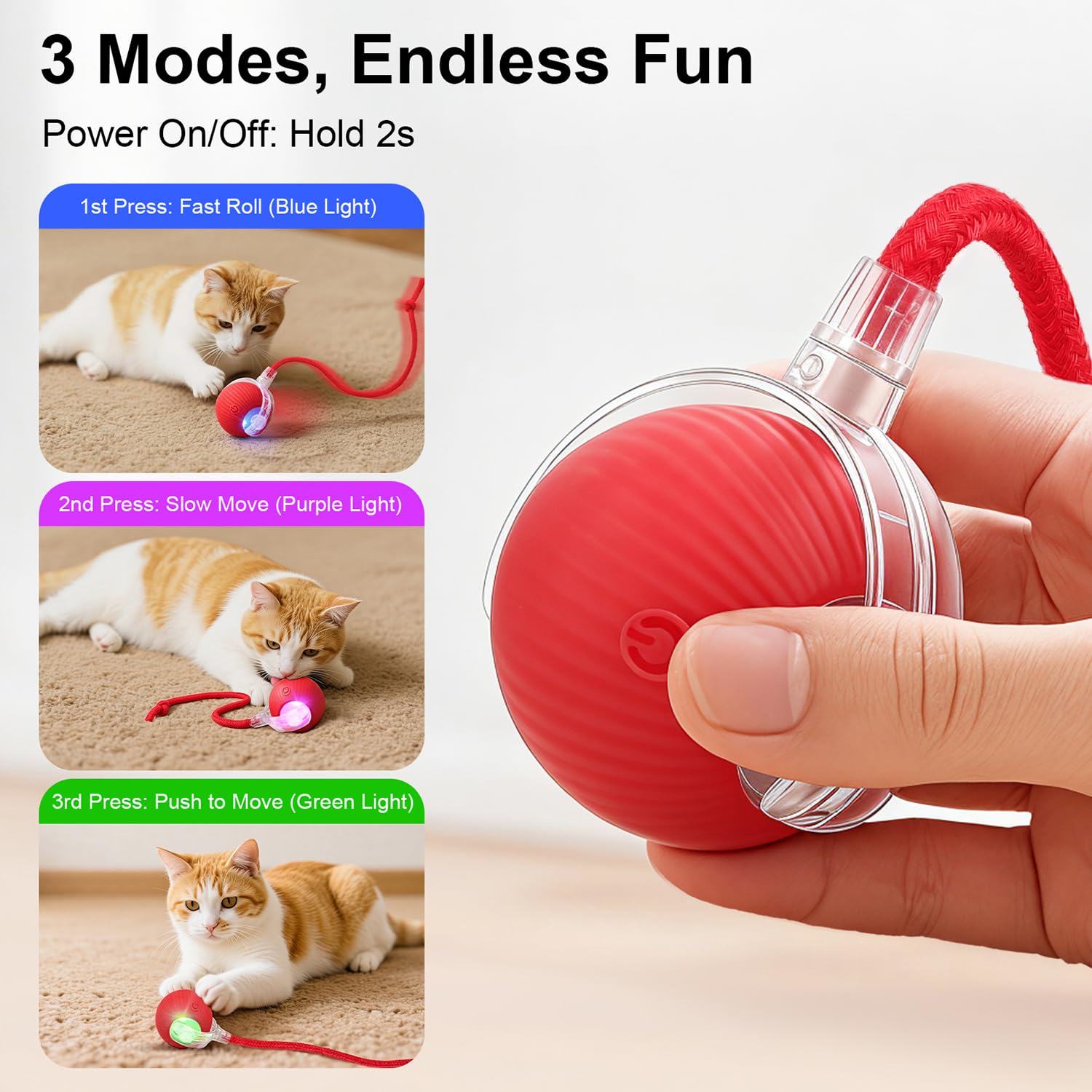Interactive Electric Automatic Rolling Moving USB Rechargeable Self Activated Play Stimulation Toy Smart Chase Teaser Ball with Speedy Tail Rope for Bored Adult Indoor Cats and Dogs, Red - image 3