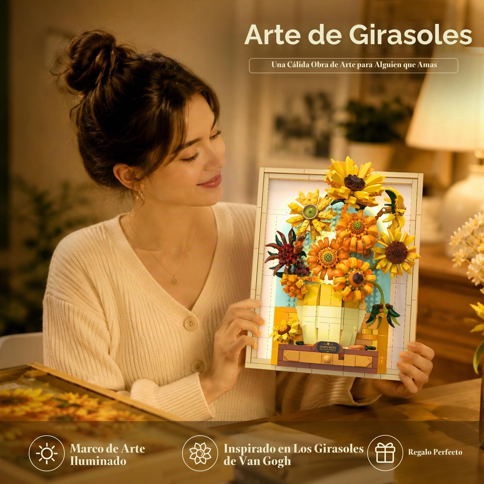 JMBricklayer Juego de construcción de flores de girasol para adultos con luces 70004, Van Gogh, ideas de arte de pared, ramo de flores, marco de pintura para decoración de habitación, ideas de regalos