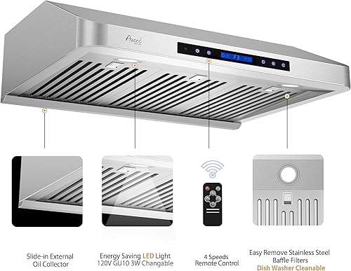 Miniatura 4 de Awoco Campana extractora de acero inoxidable supremo de 30 pulgadas de alto y 7 pulgadas de alto, 4 velocidades, ventilación superior redonda de 8