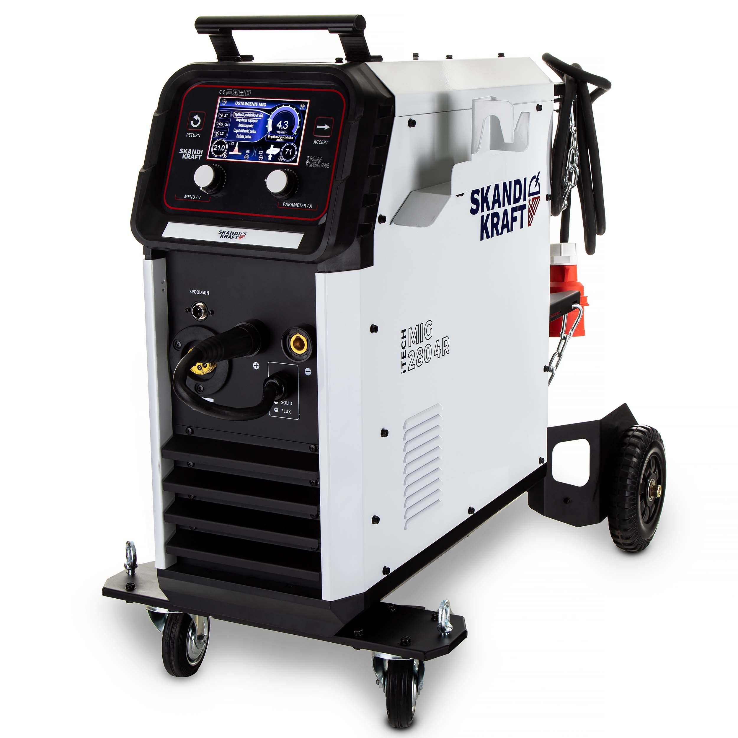 SKANDI KRAFT iTech MIG 280 4R - Saldatrice MIG MAG e saldatrice a gas di protezione da 400 V, bottiglia da 8 l e accessori su carrello di saldatura, 4 rulli, saldatura in alluminio (280 A)