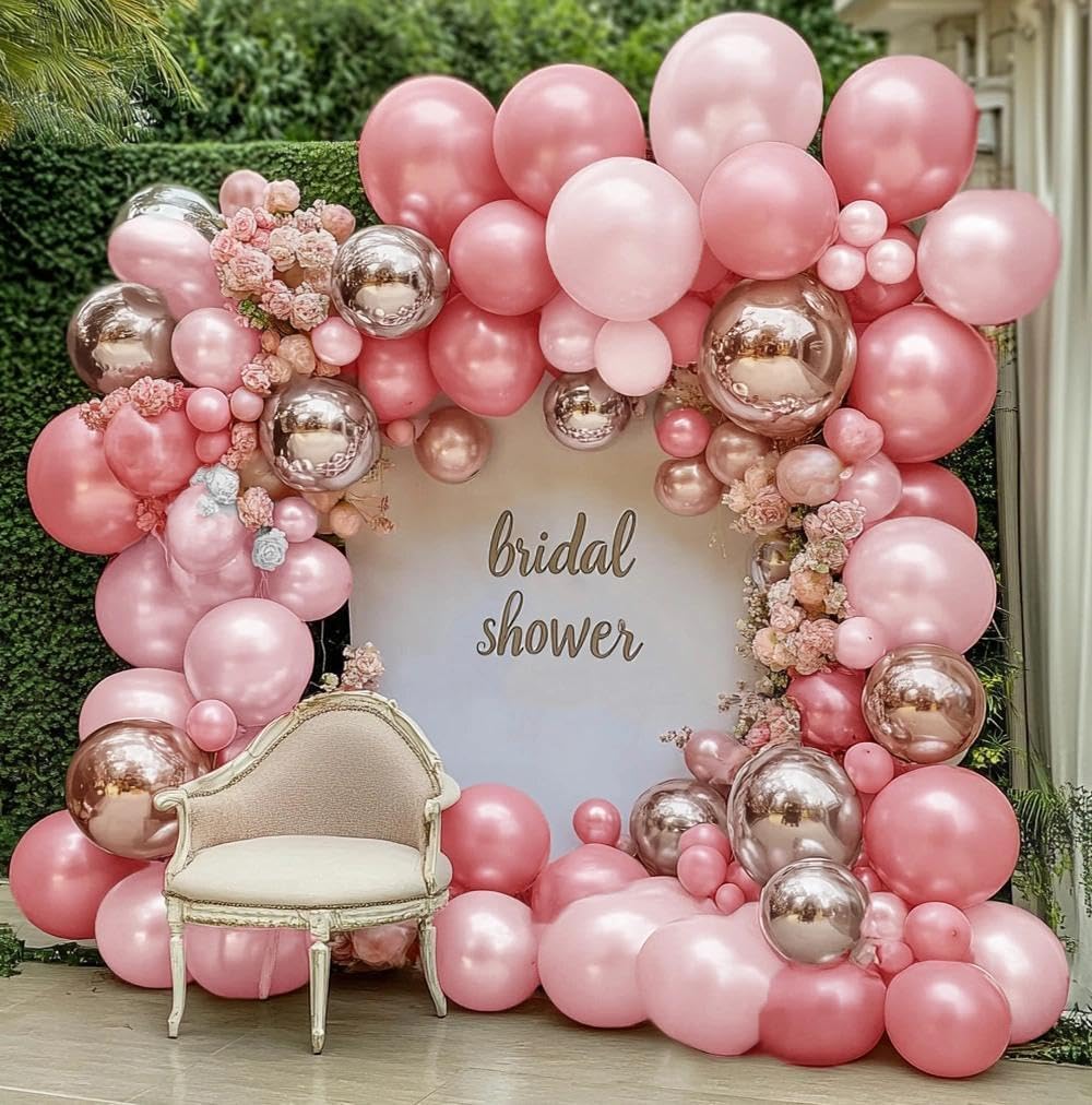 Pink White Gold Balloon Arch DOUBLE STUFFED Pearl Pink White Balloons for Birthday Baby Shower Wedding Bridal Party Decorations