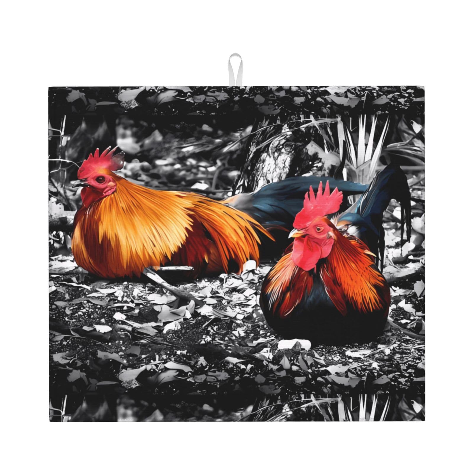 WHJSHOP Chicken Rooster Prints Kitchen Drying Mat – Absorbent Dish Throw for Countertops, Quick-Dry Non-Slip Layer with Colorful Prints, Ideal Housewarming Gift