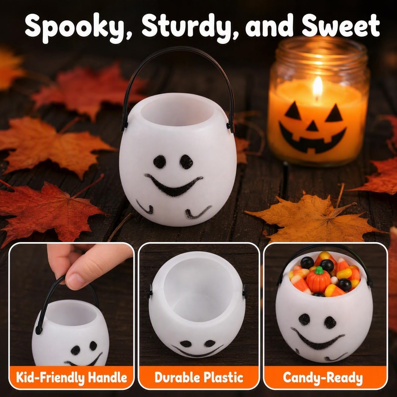 3pcs Halloween Pumpkin Candy Bucket White Plastic with Handles