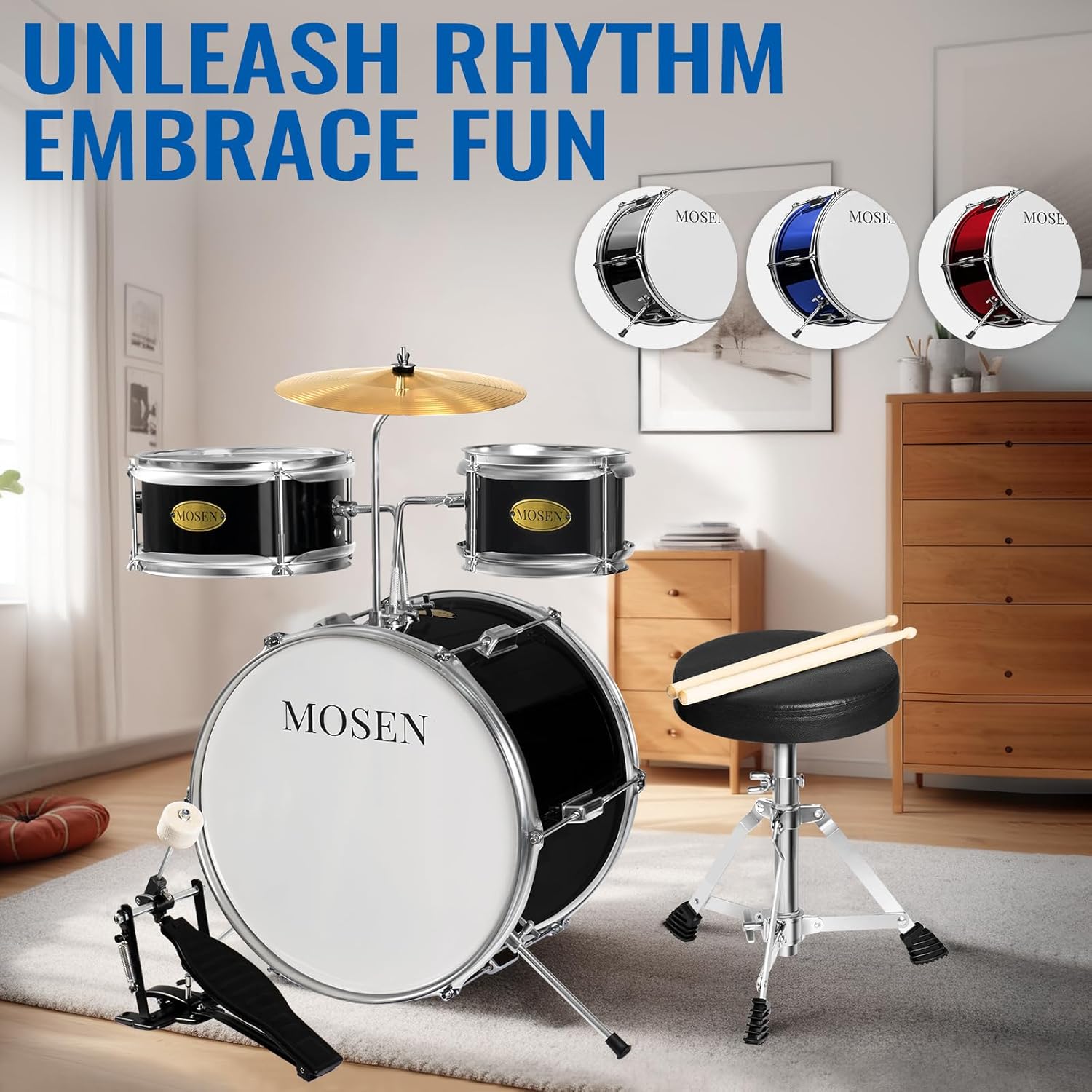 MOSEN Drum Set 3-Piece Beginner Drum Set Junior Drum Kit with Adjustable Throne, Cymbal, Pedal & Drumsticks Drums with Bass Tom Snare Drum - Black