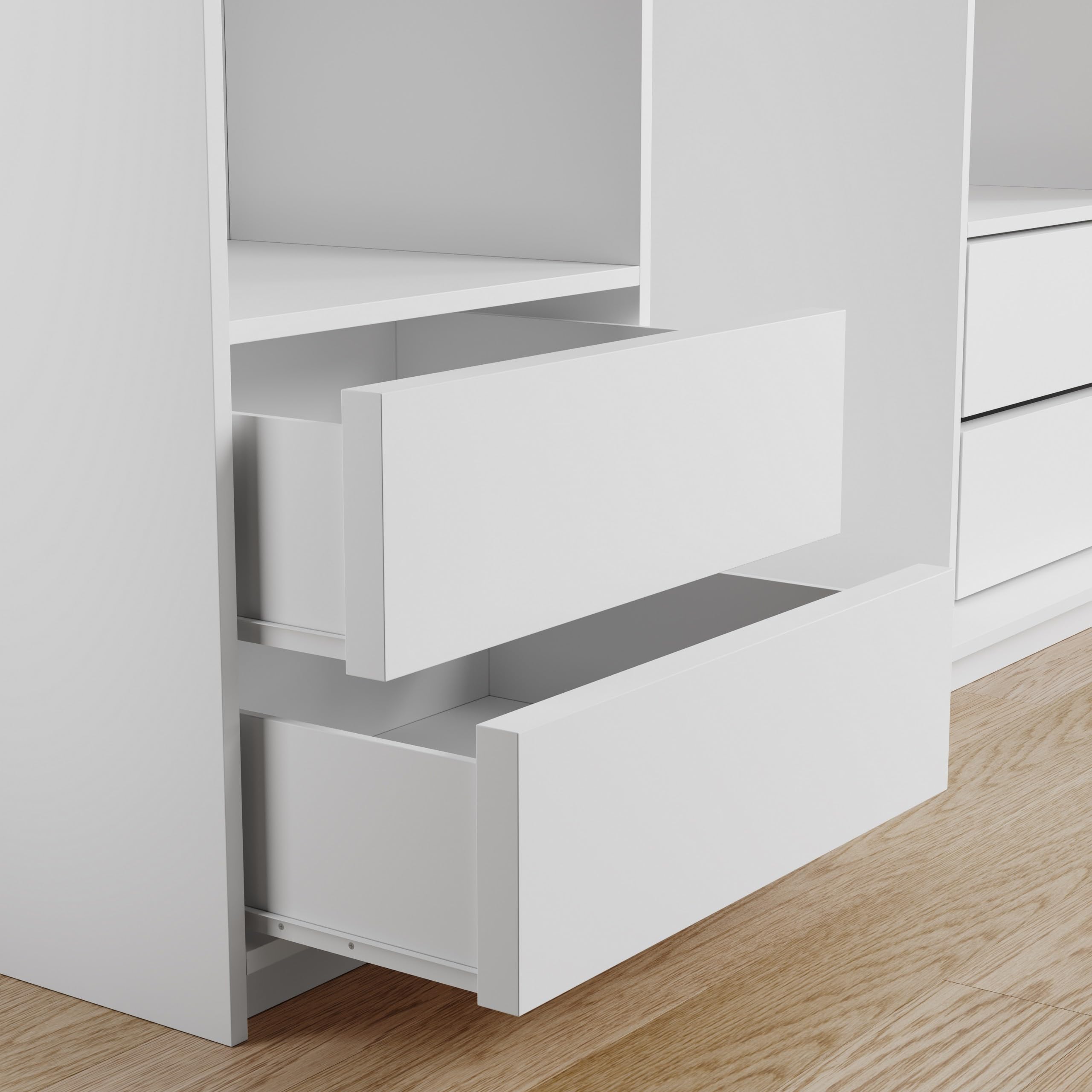 Masseno Schwebetürenschrank TAVI 150/205/60 cm Kleiderschrank mit Schubladen Schlafzimmer Schiebetürenschrank 3-türig mit Spiegel Graphitfarben + Satin