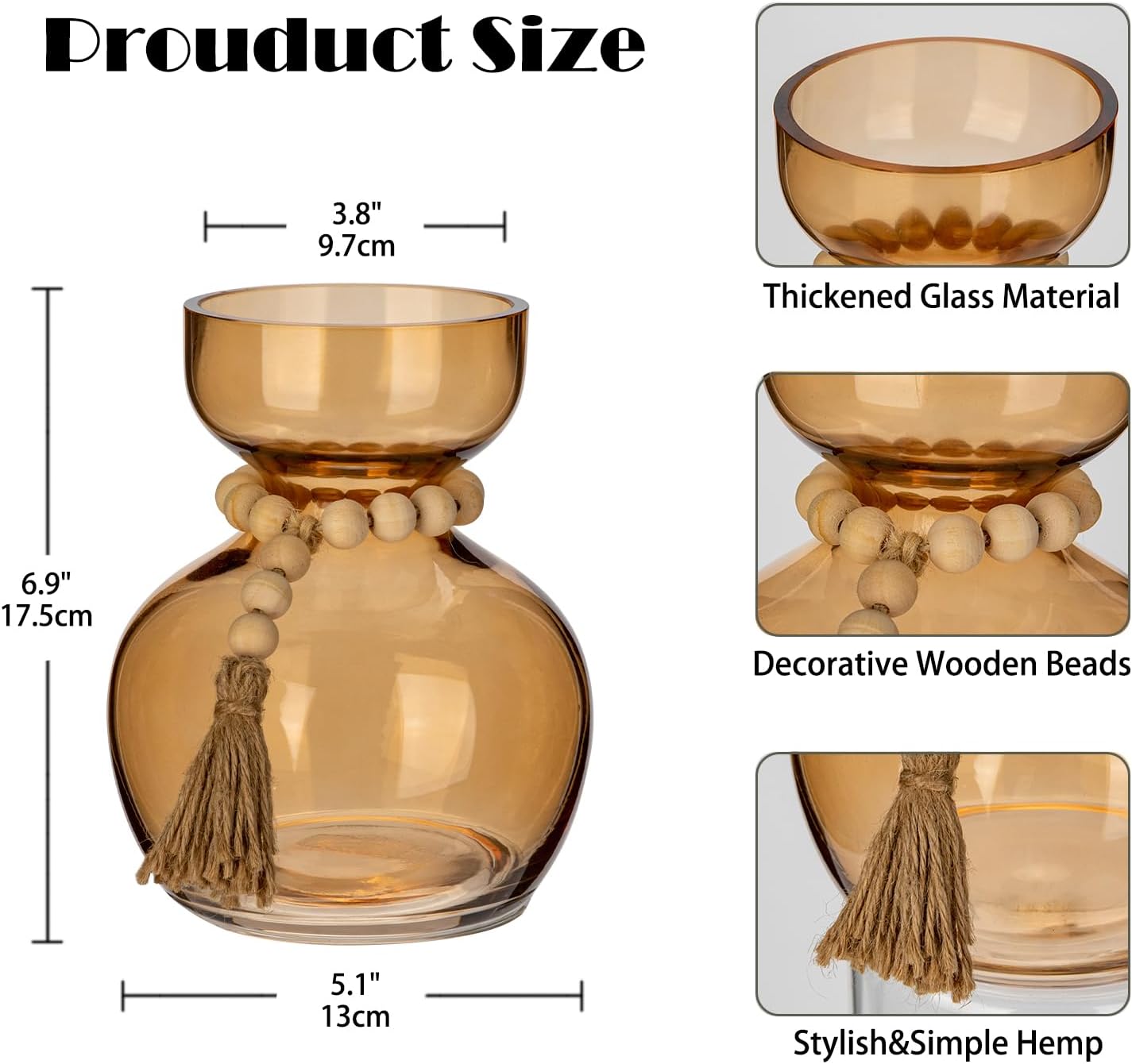 Hollyone Amber Glass Vases Bud Vase for Flowers Vintage Modern Short Vases with Wooden Beads Small Glass Vase for Centerpieces Home Table Shelf Living Room Wedding Decorations - Image 2