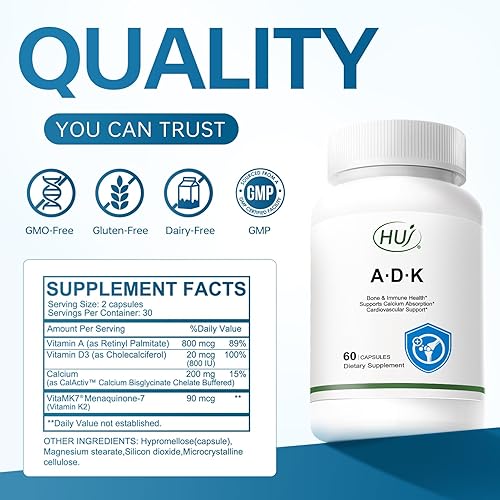 Miniatura 5 de HUJ Suplemento ADK, 60 cápsulas, calcio, vitaminas A, D3, K2 (MK-7)