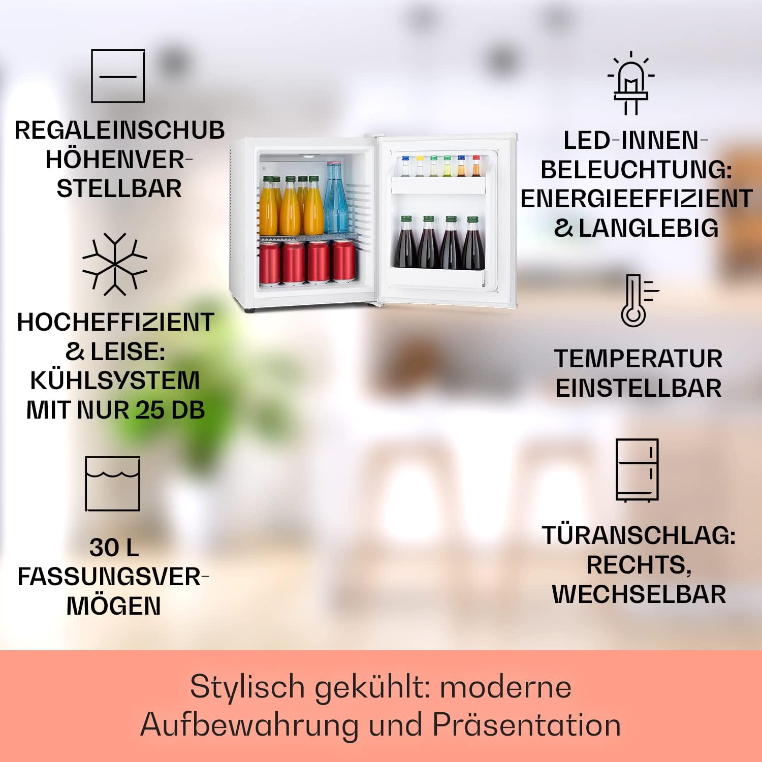 Klarstein Happy Hour – Mini bar, réfrigérateur à boissons, Compression, température de refroidissement : 5-15 °C, classe d'efficacité énergétique A, silencieux : 0 dB, lumière LED, 25 L, Argent