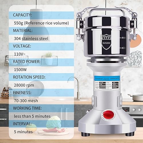 Miniatura 6 de Greatrue Molinillo de grano eléctrico, 19.40 oz de acero inoxidable para maíz seco, café, trigo, pimienta, semillas de alimentos, harina de frijol