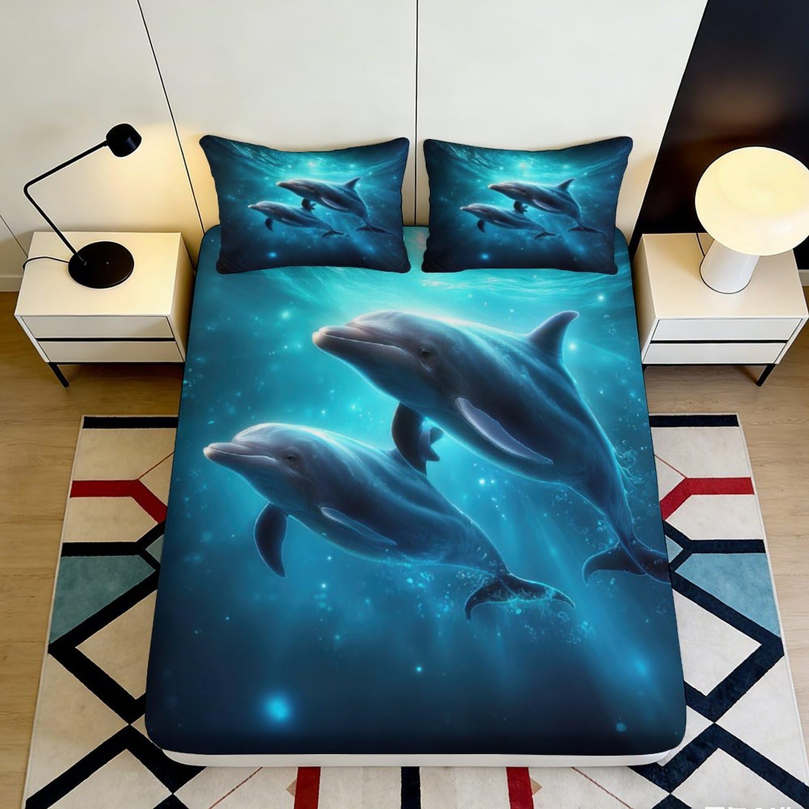 3D Printed Dolphin Ocean Fitted Sheet Microfiber Soft Breathable Underwater Bed Cover for Bedroom Dormitory Guest Room Mattress Protection Decor 140x200x25cm
