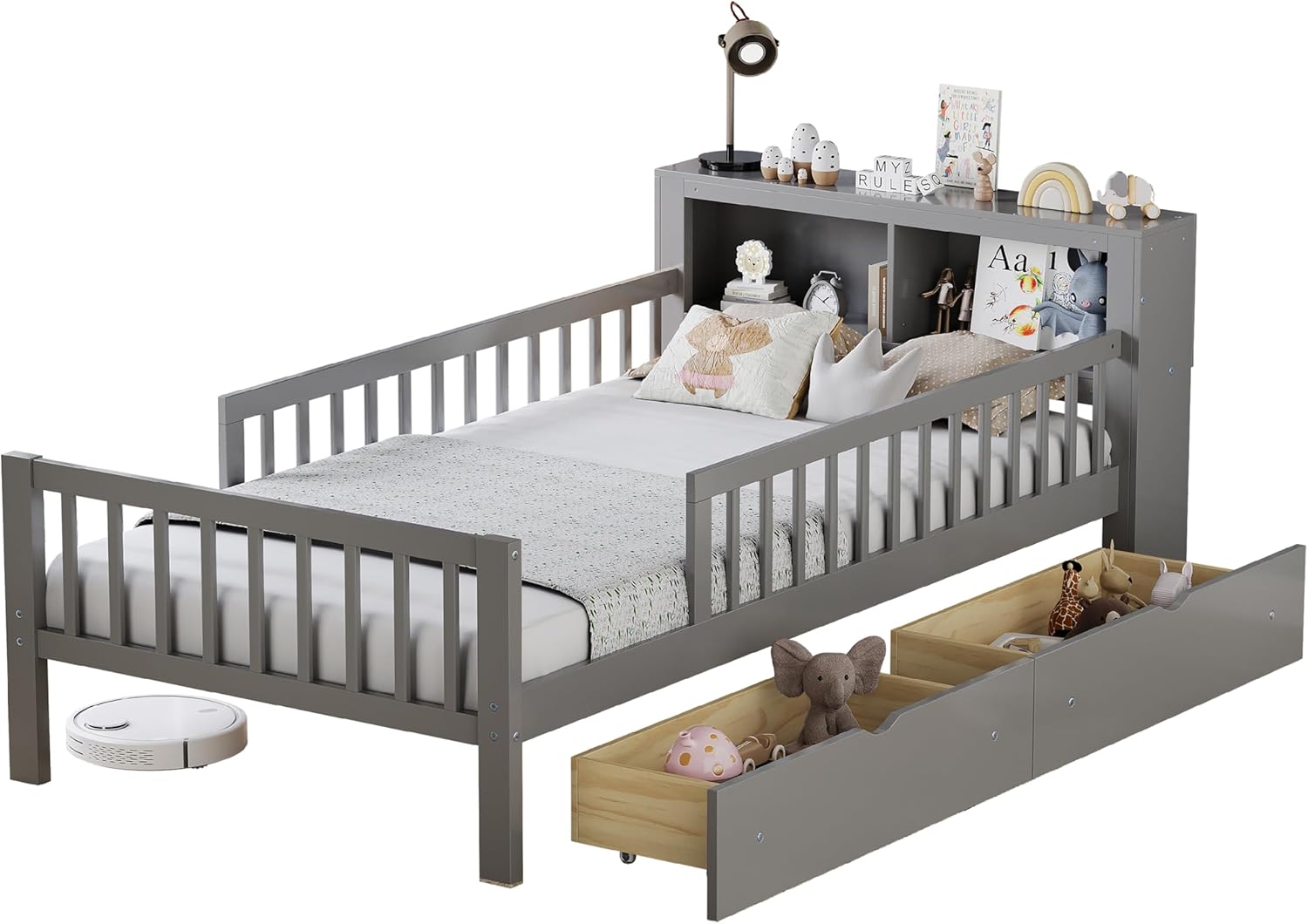 Kids Twin Size Bed Frame with Storage Drawers and Bookcase,Wood Twin Bed Frames for Kids,Twin Bed Frame with Headboard and Footboard for Boys Girls,No Box Spring Needed,Gray
