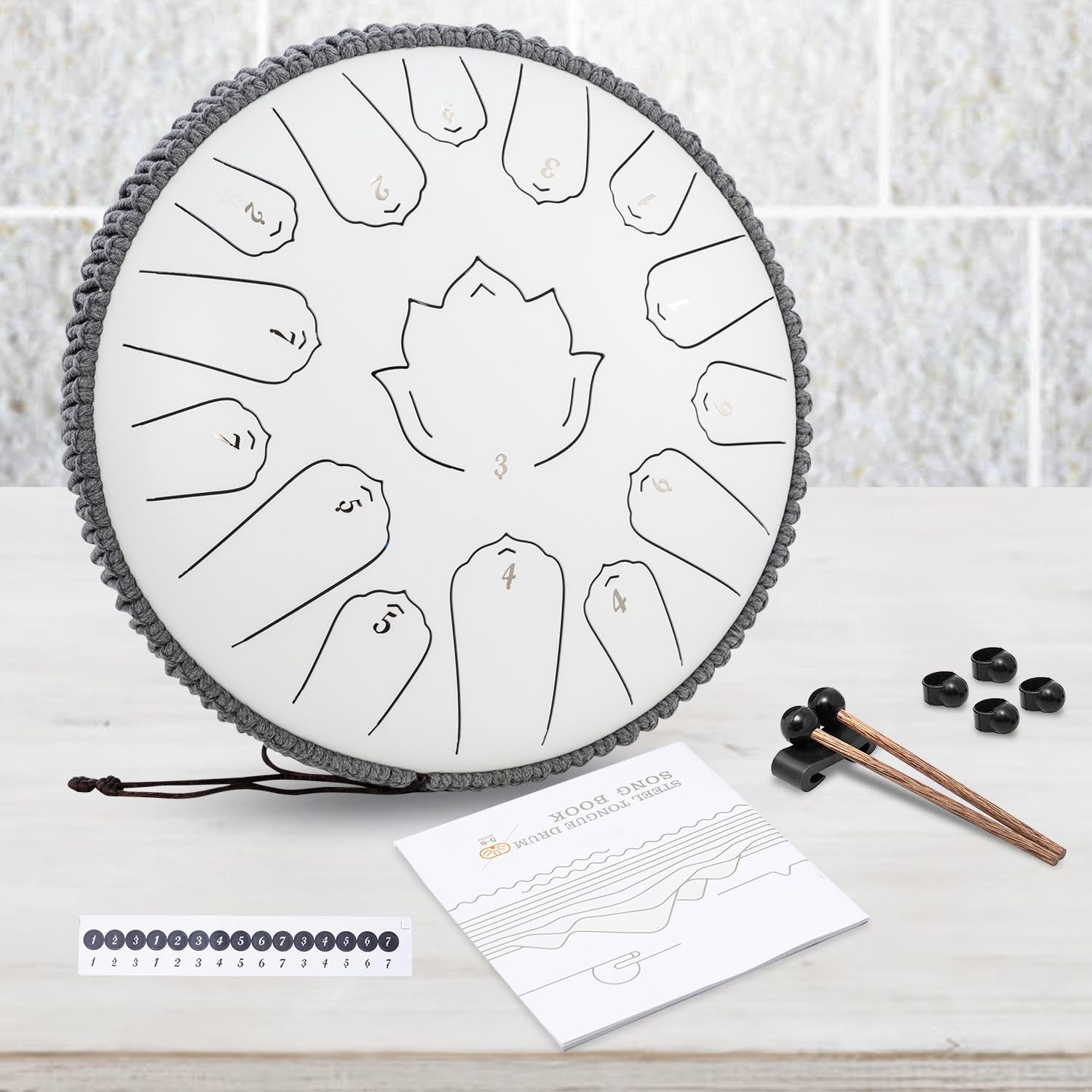 Tambour à langue en acier de 33 cm à 15 notes, avec sac de voyage en C, pagaies de doigt et livre de musique, percussion à main pour l'éducation musicale, la méditation, le yoga, cadeaux (blanc titane