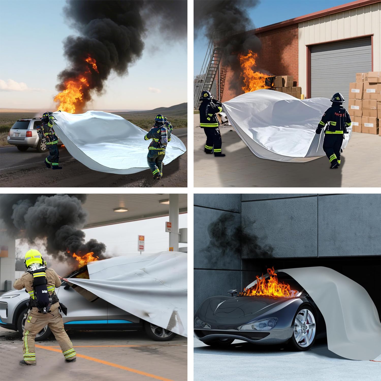 Manta de fuego del coche, manta ignífuga de emergencia para los vehículos, fibra de vidrio recubierta de silicona de doble lado, protección contra el calor de 1100 ° C, reutilizable con bolsa de trans