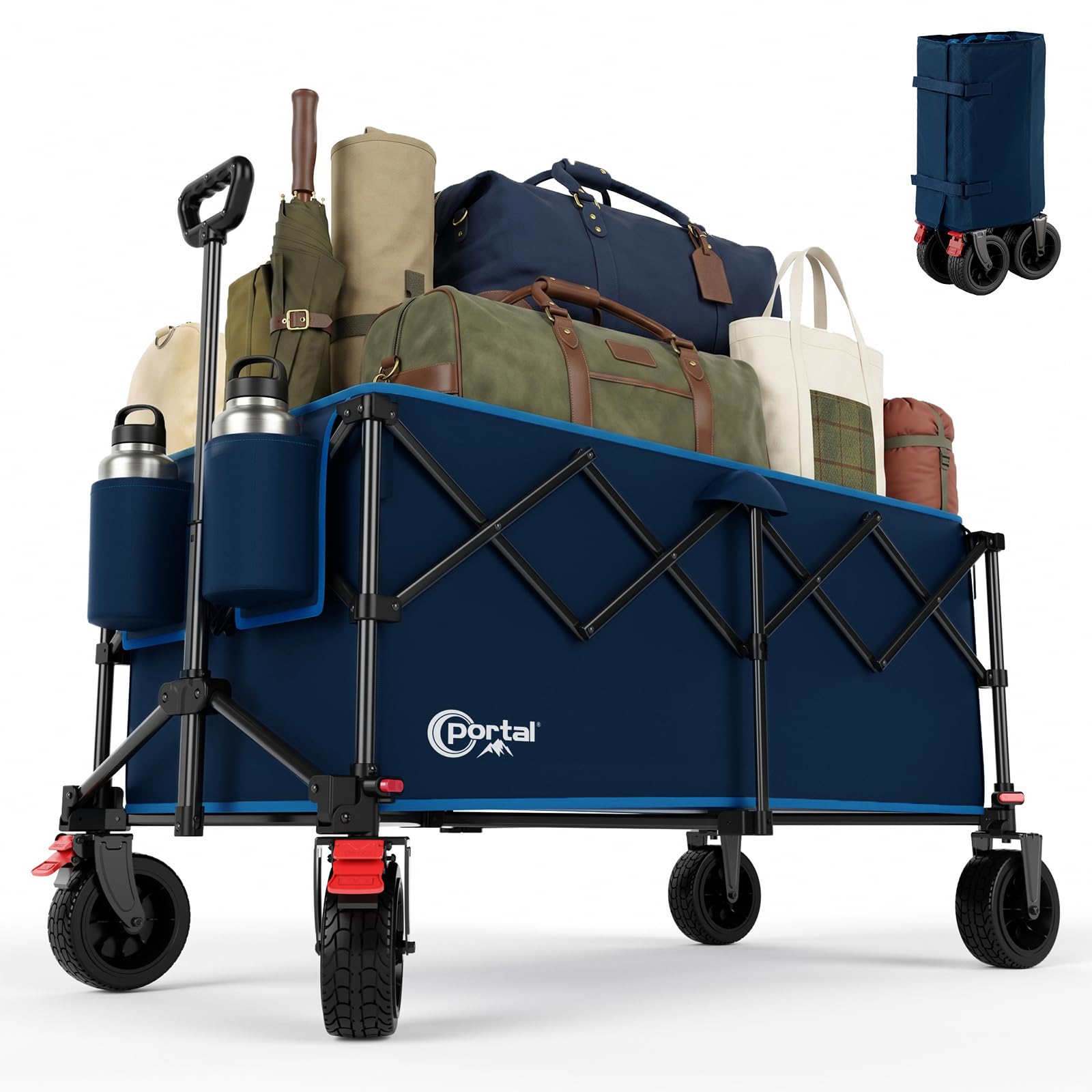 Portal Carro de Playa Plegable 300L XXL Carrito de Camping con Frenos y Mango Ajustable Vagoneta de Jardín Resistente Carga 150KG Ruedas para Festivales Picnic y Transporte