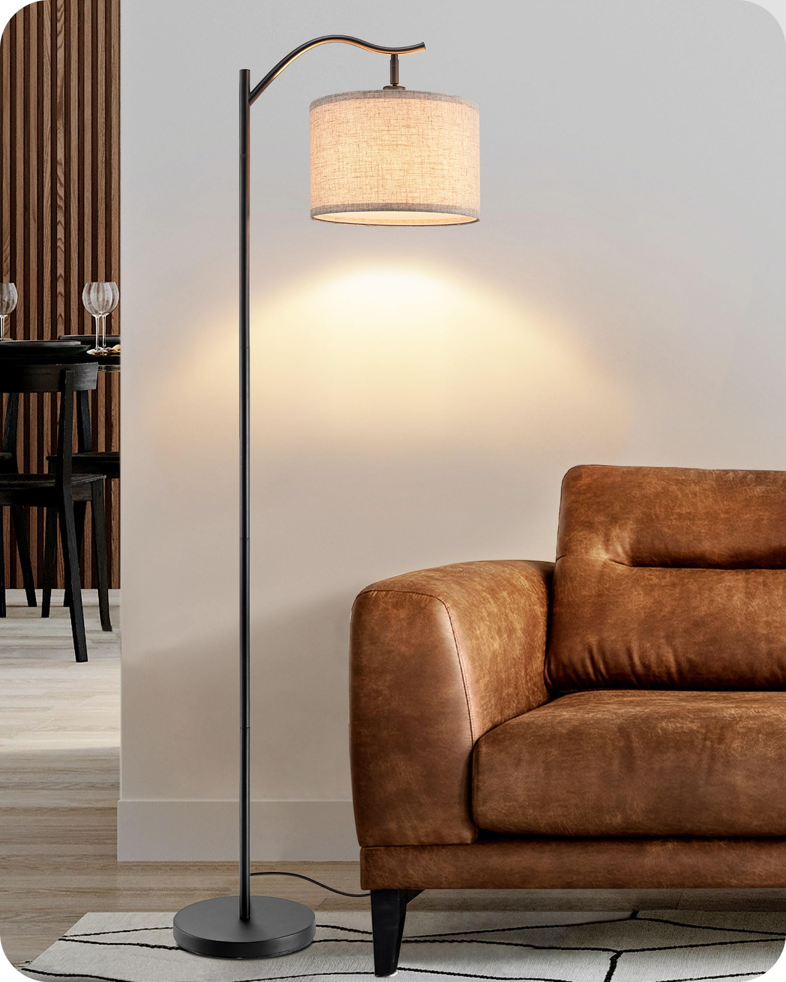 EDISHINE Lámpara de Pie Minimalista con Pantalla de Lino Beige, Bombilla Incluida, Pantalla Ajustable, Casquillo E27, 160cm Lámpara de Arco Negra para Dormitorio, Salón, Oficina