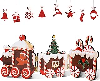 Jetec Christmas Train Table Top Decor Christmas Wooden Decoration Indoor Triple Folding Screen Rustic Wood Sign Decor Xmas Gingerbread Man Candy for Table Centerpiece Holiday Fireplace Home Decor
