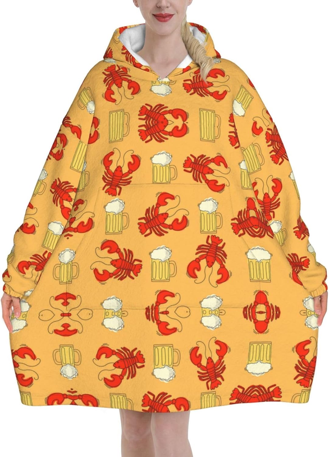 MUSM Beer And Crawfish Pattern Print Blanket Hoodie Fleece Sweatshirt Blanket With Sleeves And Pockets